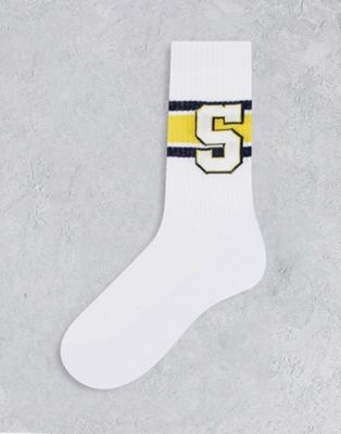 ASOS DESIGN sport sock with collegiate Stanford print in white