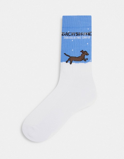 ASOS DESIGN sport sock with dachshund through the snow slogan