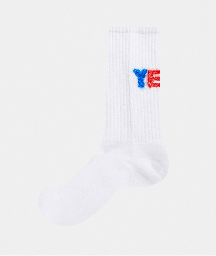 ASOS DESIGN sport sock with fluffy YEAH slogan-White