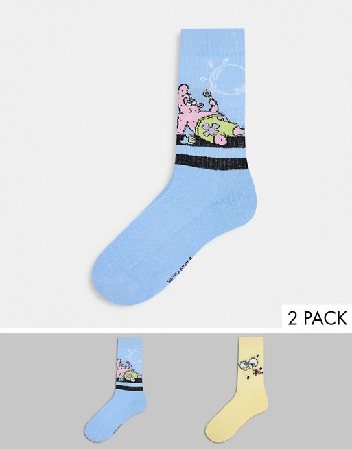 ASOS DESIGN sport sock with Spongebob & Patrick 2 pack