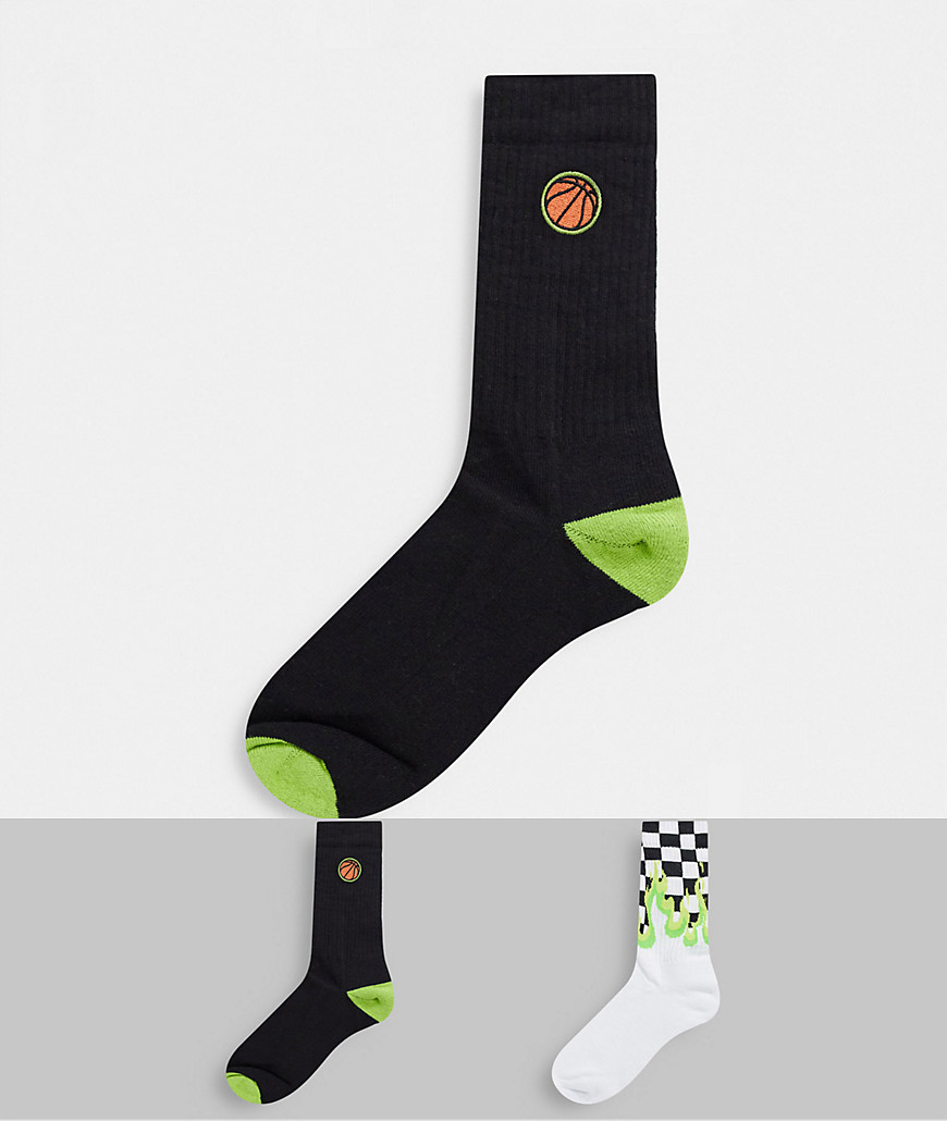 ASOS DESIGN sport socks with check flame & basketball design 2 pack-Multi