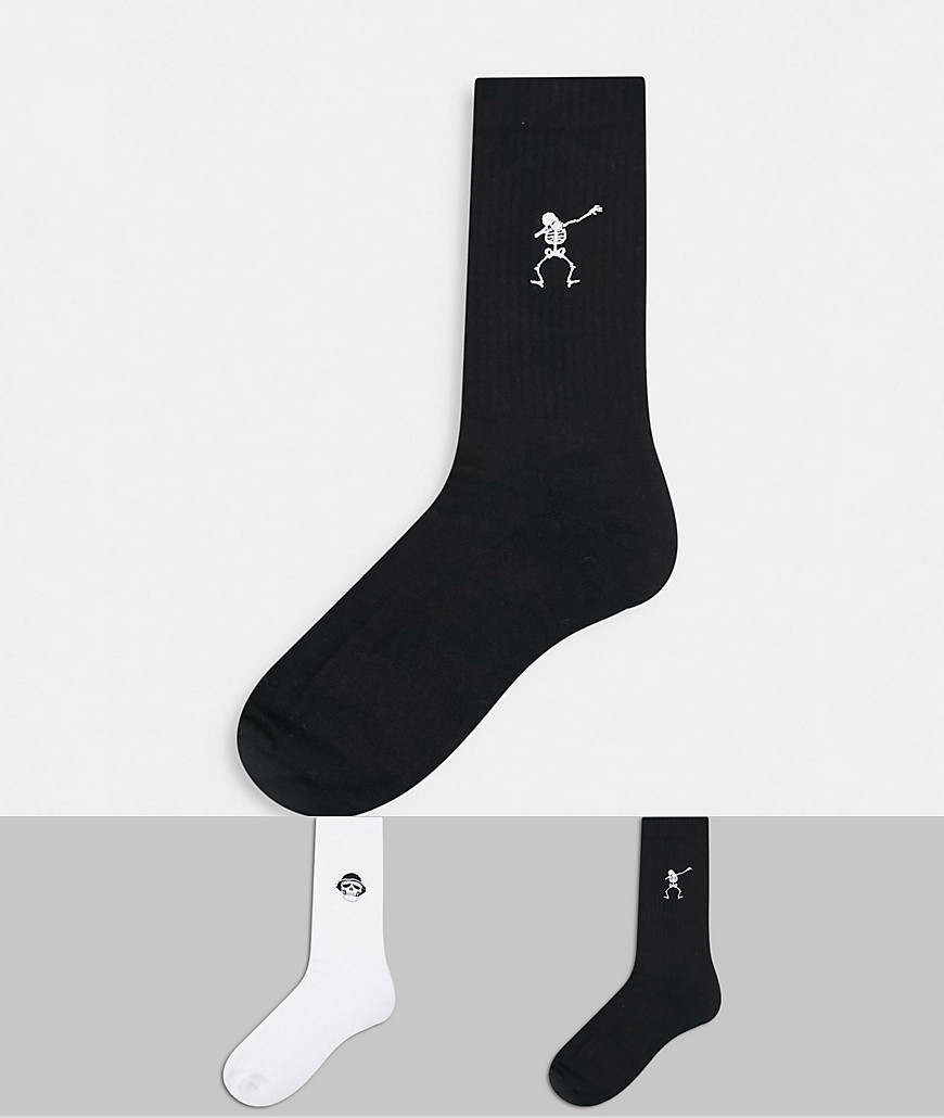 ASOS DESIGN sport socks with skeleton embroidery 2-pack-Black