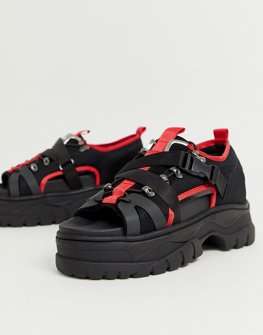 ASOS DESIGN - Sportieve sandalen in zwart en rood met dikke zool