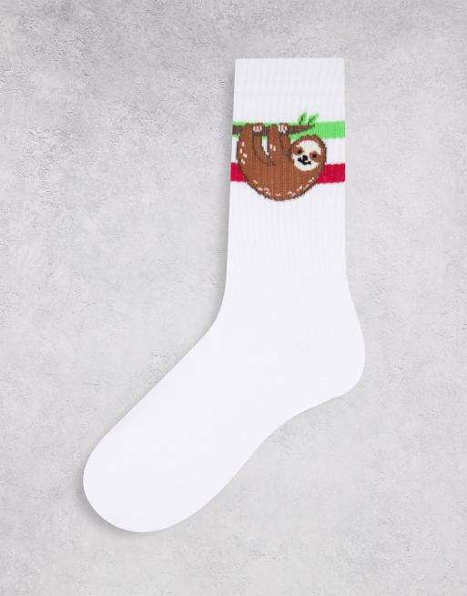ASOS DESIGN sports sock with sloth design in white