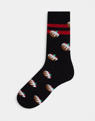 ASOS DESIGN sports socks with Christmas pudding print in black