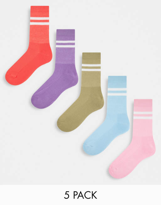 ASOS DESIGN – Sportsocken in Pastellfarben im 5er-Pack mit Farbblockdesign