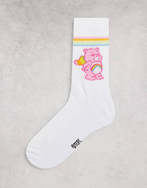 ASOS DESIGN – Sportsocken in Weiß mit Glücksbärchis-Motiv und bunten Streifen