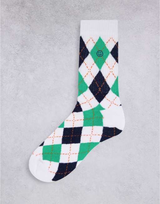 ASOS DESIGN - Sportsokken met Argyle-ruiten en geborduurde smiley
