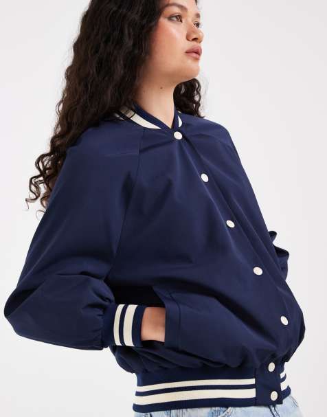 ASOS DESIGN sporty rib trim varsity jacket in navy - view 1