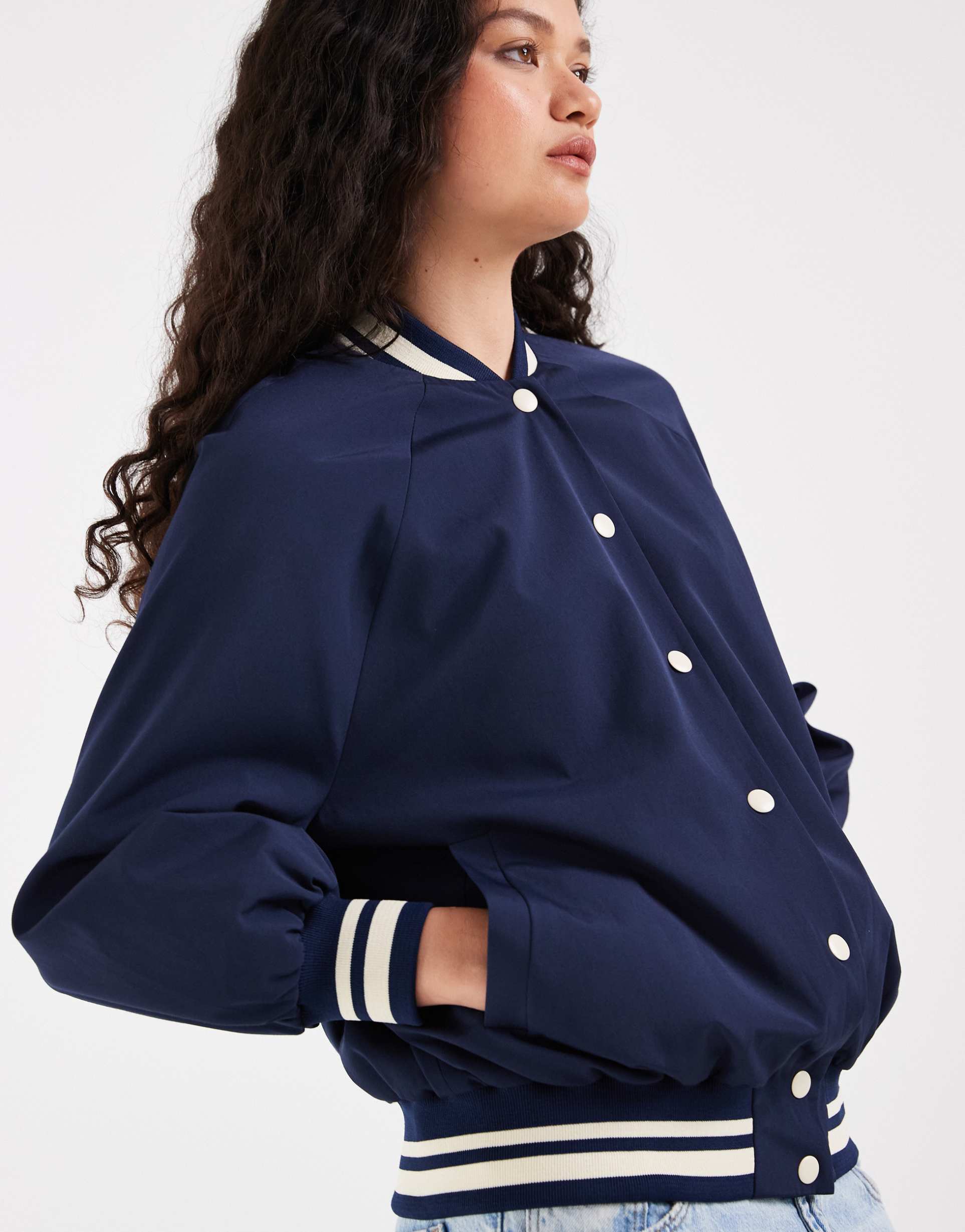 asos design sporty ribbed trim varsity jacket in navy