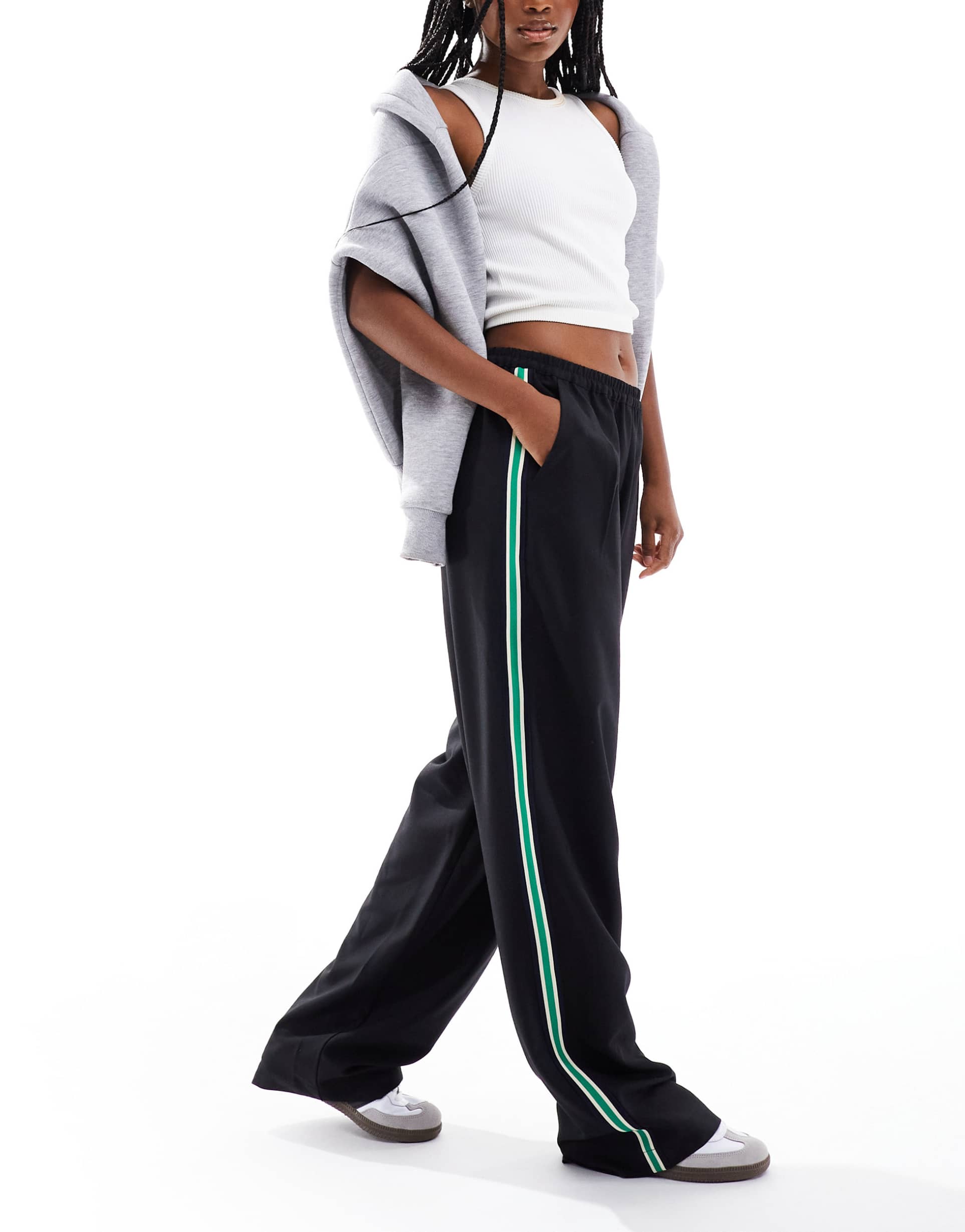 asos design sporty tape panel pull on pants in black