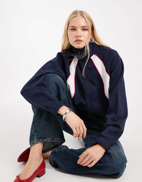 ASOS DESIGN sporty track top in cream and navy co-ord - view 1