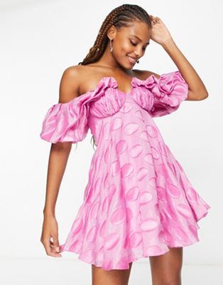 ASOS DESIGN spot bardot mini dress with puff sleeve in pink