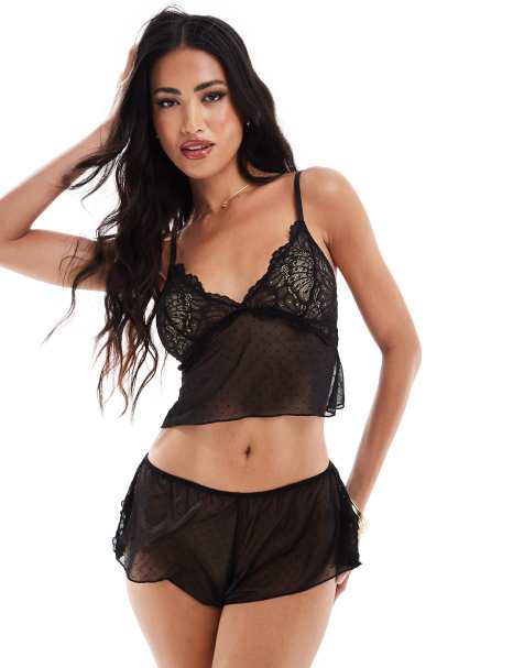 ASOS DESIGN spot cami lace top & short  in black - view 1