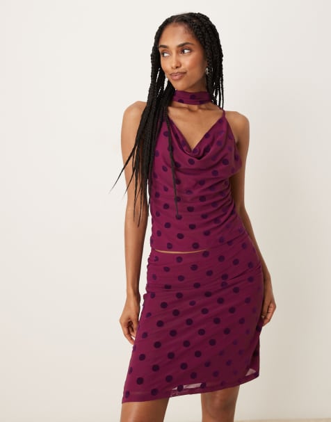 ASOS DESIGN spot flocked mesh cowl neck plunge top with scarf detail in plum - part of a set - view 1