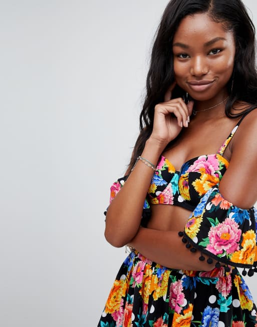 ASOS DESIGN Spot Floral Print Pom Pom Bardot Plunge Bikini Top ASOS