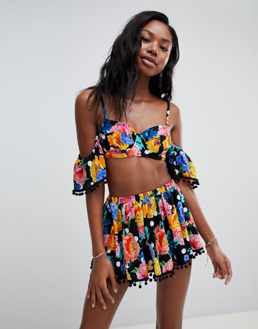 ASOS DESIGN Spot Floral Print Pom Pom High Waist Skirted Bikini