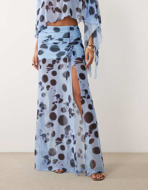 ASOS DESIGN spot maxi slit skirt in blue, 2 of 5