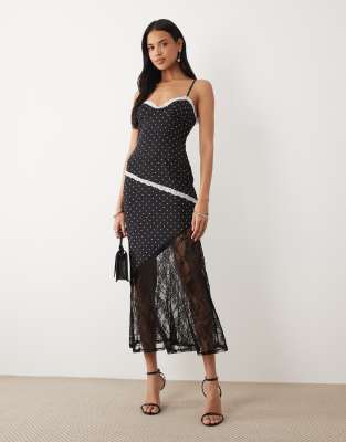 ASOS DESIGN spot printed mesh midi length dress with lace panel hem in black