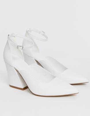 white pointed block heels