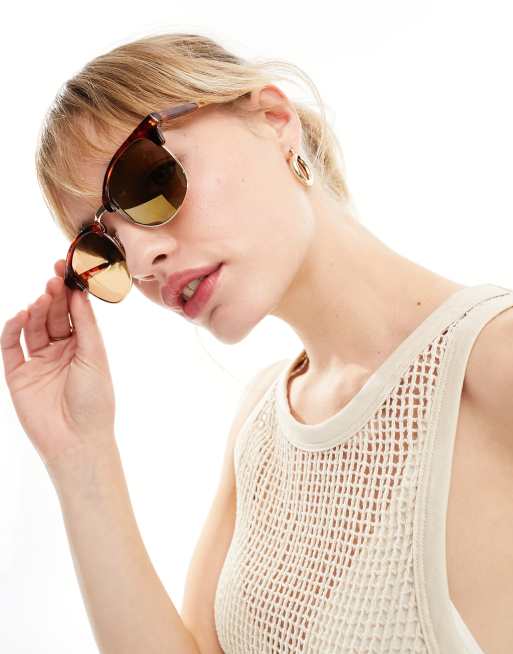 ASOS DESIGN – Spräckliga solglasögon i retrostil med guldfärgade, glansiga glas , 2 av 4