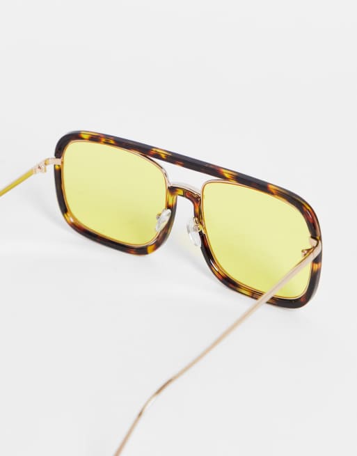 ASOS DESIGN – Spräckliga, stora pilotsolglasögon med gula glas i combimodell, 2 av 4