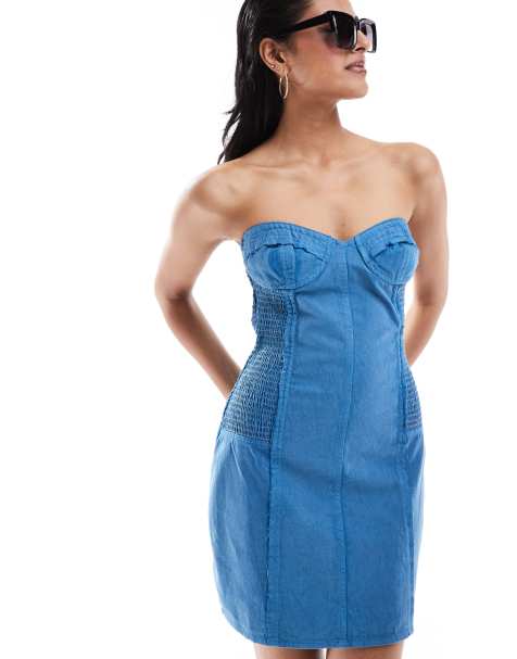 ASOS DESIGN – Sprana niebieska sukienka mini z diagonalu z kontrastowymi szwami i dekoltem bandeau - view 1