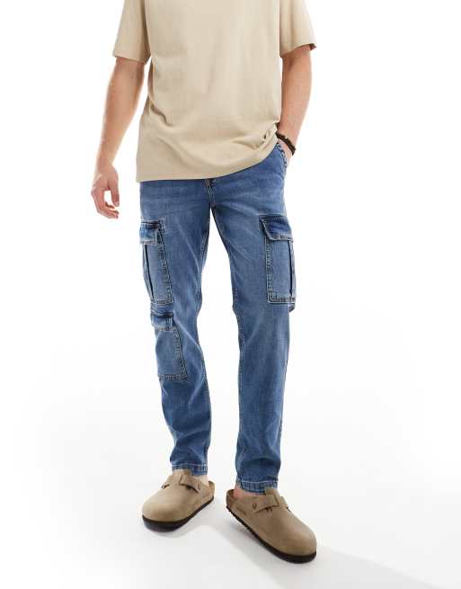 ASOS DESIGN – Sprane niebieskie jeansy bojówki ze zwężanymi nogawkami