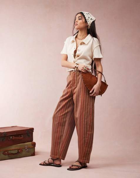 ASOS DESIGN laundered barrel leg trousers in stripe print 