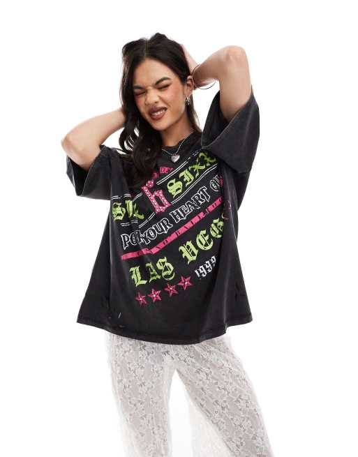 ASOS DESIGN – Sprany grafitowy T-shirt o fasonie boyfriend z różowo-zieloną grafiką z Las Vegas