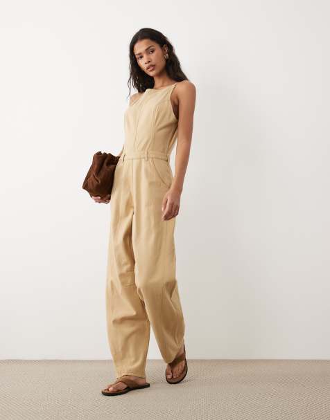 ASOS DESIGN – Sprany jasnobeżowy kombinezon z diagonalu z ozdobnymi szwami - view 1