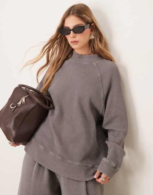 ASOS DESIGN – Sprany szary gruby top o waflowej fakturze z zabudowanym dekoltem i długimi raglanowymi rękawami