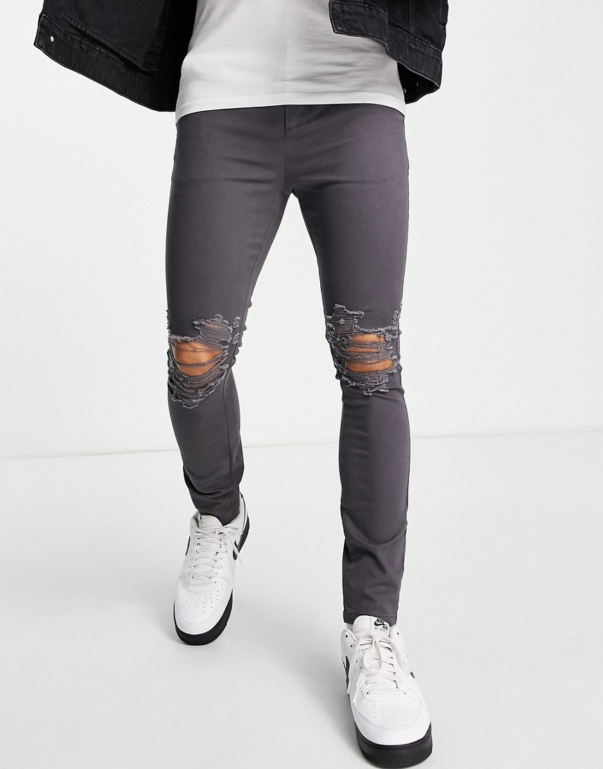 ASOS DESIGN spray on chinos with rips in charcoal-Gray