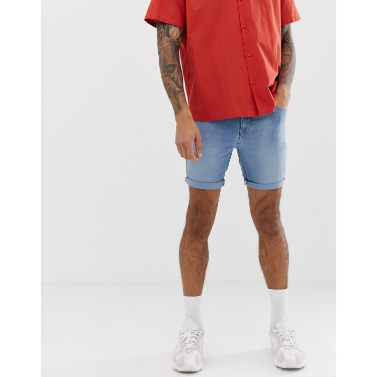 ASOS DESIGN spray on denim shorts in power stretch mid wash