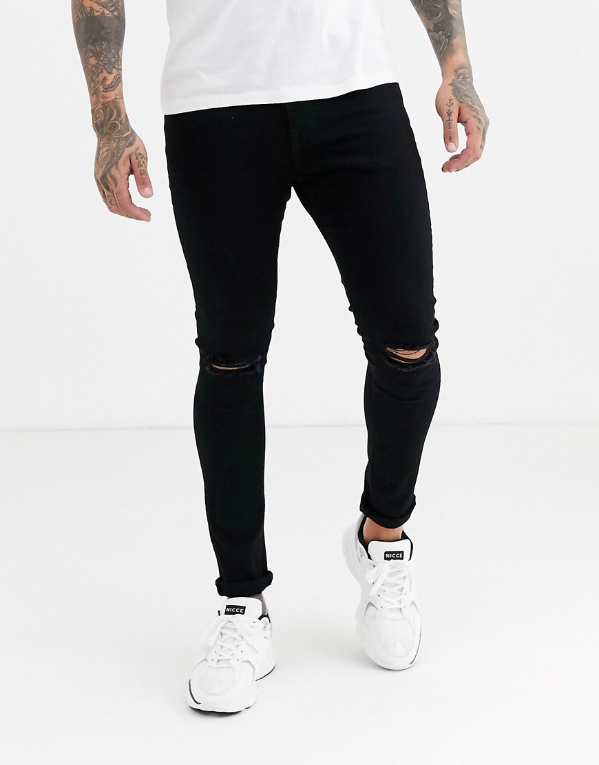ASOS DESIGN SPRAY ON JEANS IN POWER STRETCH DENIM IN BLACK WITH BUSTED KNEE,PS BLK RIP CHANTQ