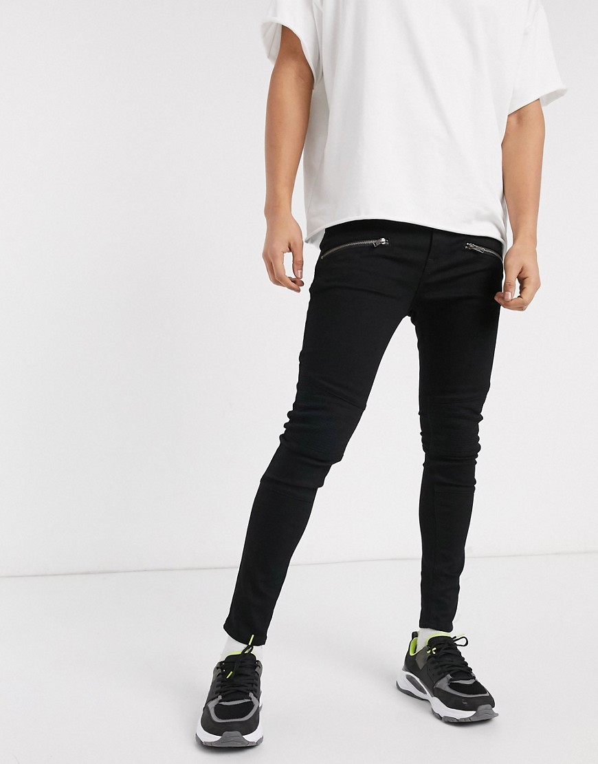 ASOS DESIGN spray on jeans in power stretch with biker details and zips-Black