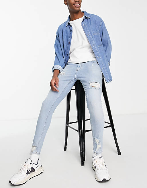 Spray on jeans in power stretch with vintage mid wash and abrasions Asos Men Clothing Jeans Stretch Jeans 
