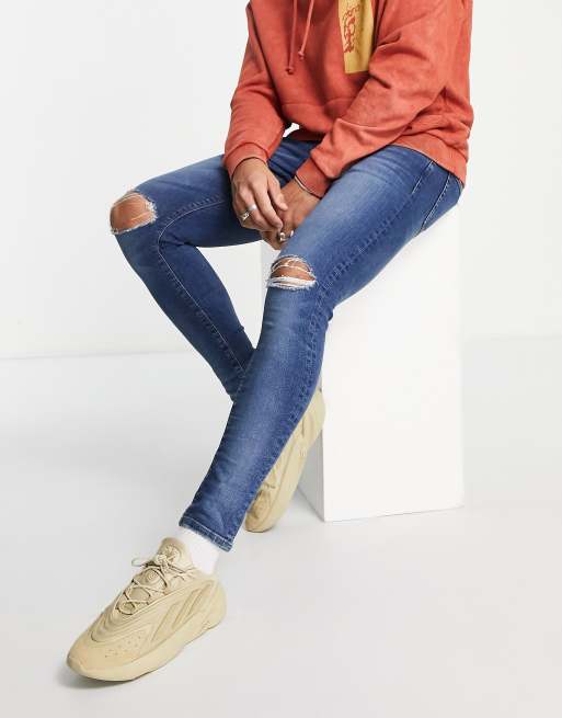 ASOS DESIGN - Spray on-jeans med power-stretch og flænger på knæene i mørkeblå vask