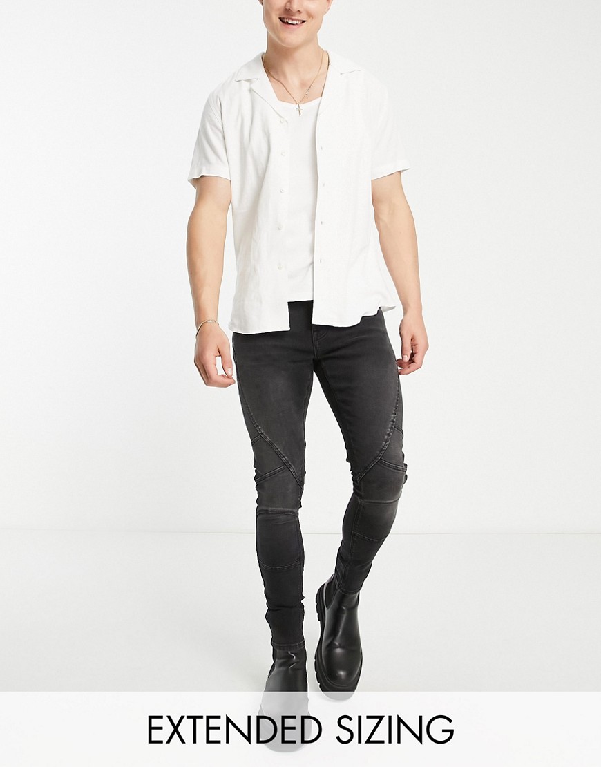 ASOS DESIGN spray on jeans with power stretch in black wash with moto detail
