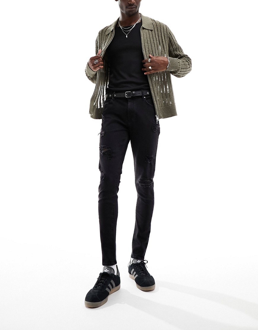 ASOS DESIGN spray on jeans with power stretch in black with rips