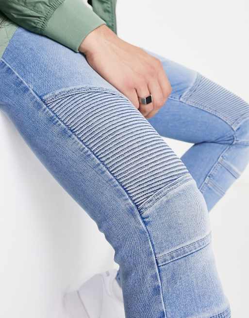 ASOS DESIGN spray on jeans with power stretch in midwash blue with moto detail, 3 of 4