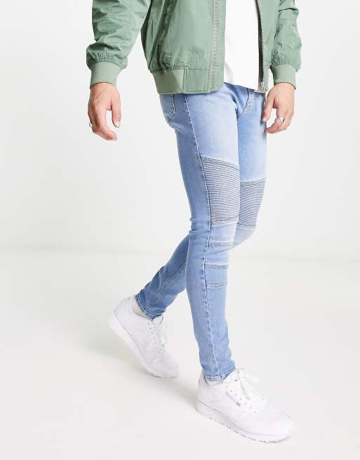 ASOS DESIGN spray on jeans with power stretch in midwash blue with moto detail, 4 of 4