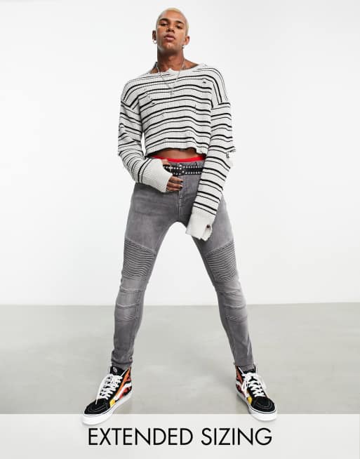 ASOS DESIGN spray on jeans with power stretch in washed black with moto detail