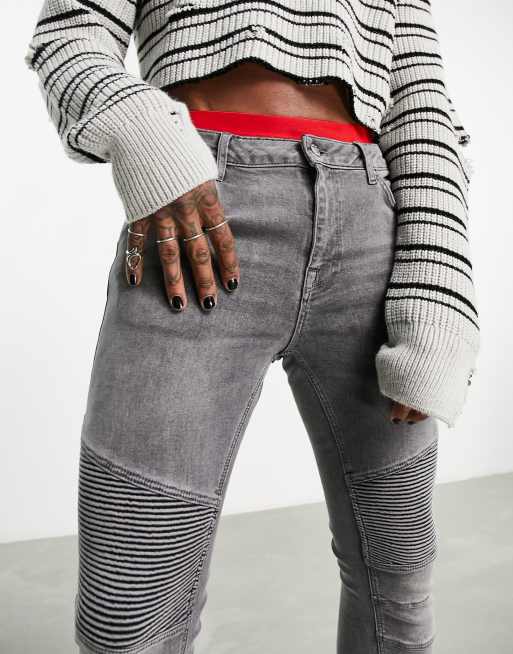 ASOS DESIGN spray on jeans with power stretch in washed black with moto detail, 3 of 4
