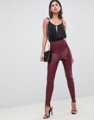 maroon leather look trousers