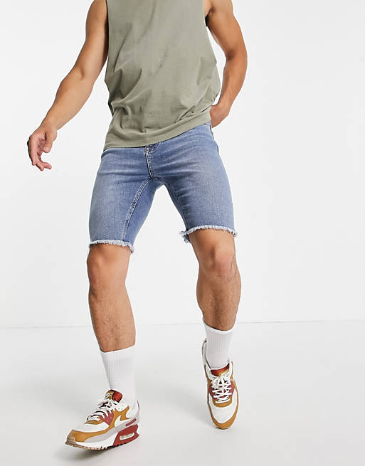  spray on 'vintage look' denim shorts with powerstretch in mid wash with raw hem 