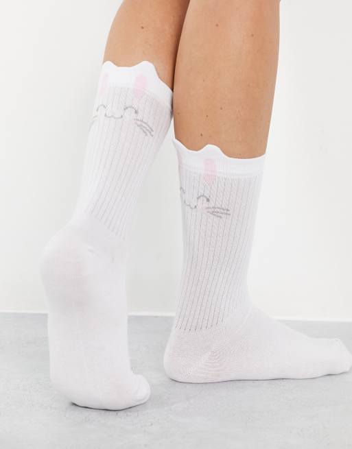 ASOS DESIGN – Spring Festival – Białe prążkowane skarpetki z motywem króliczka