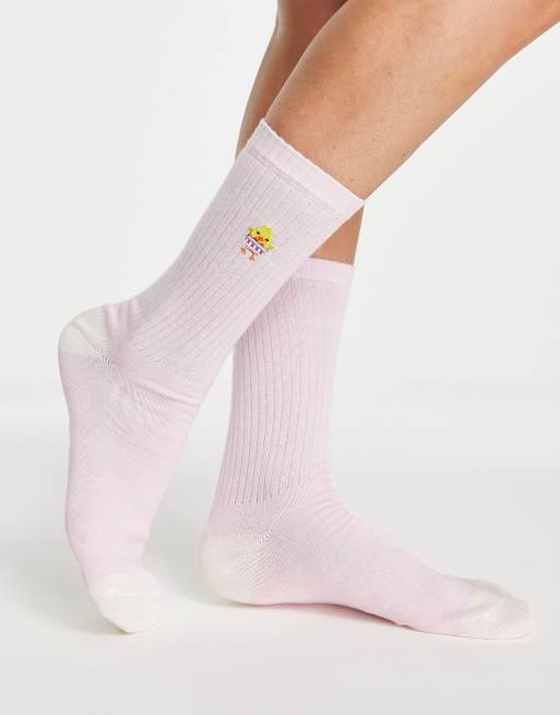 ASOS DESIGN – Spring Festival – Różowe prążkowane skarpetki z wyhaftowanym kurczaczkiem