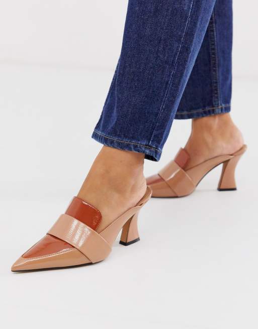 ASOS DESIGN Spring mid heeled loafers in coffee and beige mix