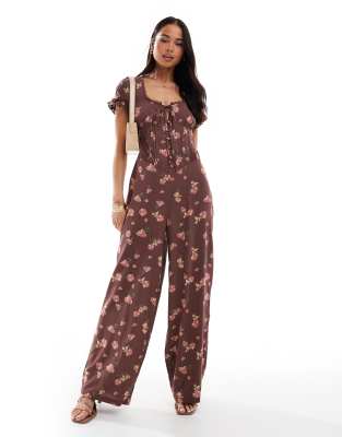 spun lace trim corset waist jumpsuit in mauve floral print-Multi